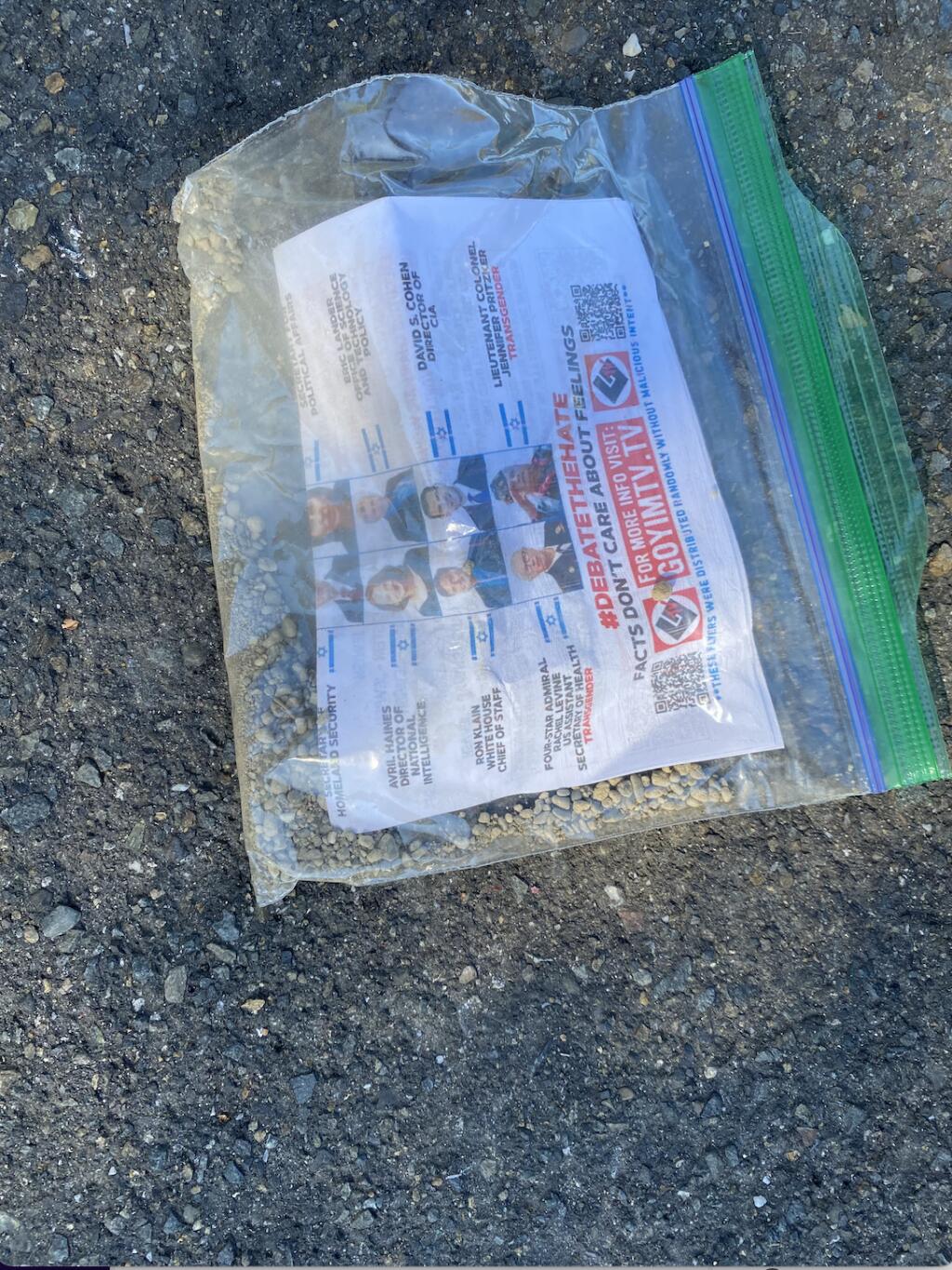 Plastic bags filled with antisemitic flyers and gravel were found on driveways in east Santa Rosa Friday morning. (Santa Rosa Police Department)