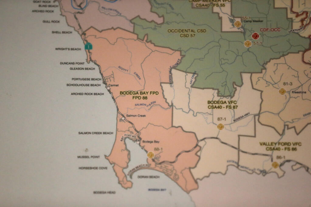 A map showing the Bodega Bay Fire Protection District on the wall at the station in Bodega Bay on Wednesday, Dec.11, 2019. (Beth Schlanker/ The Press Democrat, 2019)