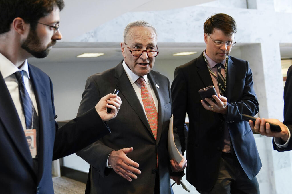 Senate Majority Leader Chuck Schumer of N.Y., talks with reporters on Capitol Hill in Washington, Tuesday, June 8, 2021. (AP Photo/Susan Walsh)