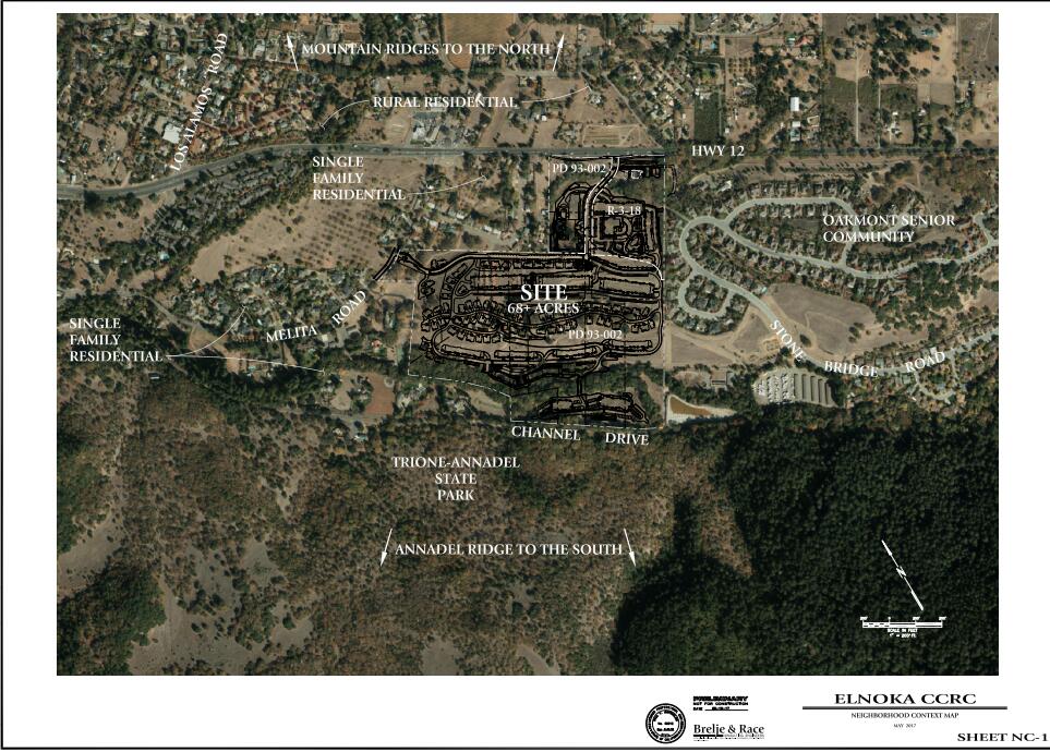 An aerial view of the project site for Elnoka Continuing Care Retirement Community, a proposed 68-acre community near Trione-Annadel State Park. (County of Sonoma)