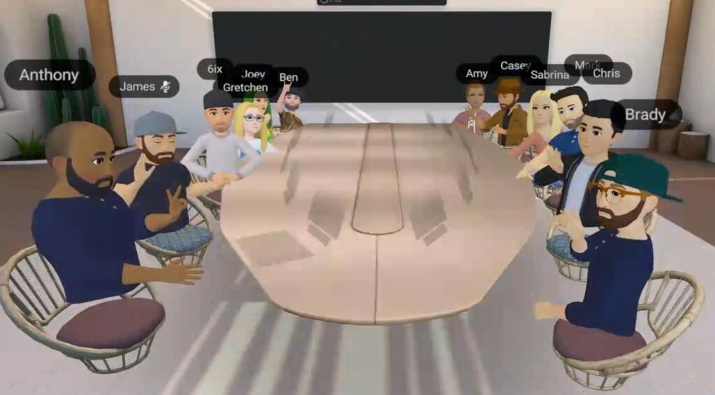 A dozen members of Petaluma advertising technology startup Spaceback interact in a metaverse company meeting in Meta Horizon Workrooms, communicating with each other via virtual-reality goggles, microphones and interactive controllers. (screenshot courtesy of Spaceback)