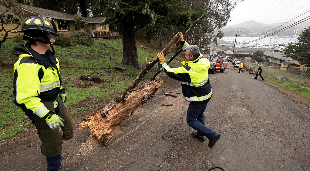 Sonoma County Fire District's Dave Bynum rolls the trunk of a Monterey pine over, on Bay Flat Road in Bodega Bay after Alex Ciudad-Real, left, limbed up the tree with a chainsaw from the opposite side, Tuesday, Dec. 27, 2022 Saturated soils are contributing to downed tree on the north coast.  (Kent Porter / The Press Democrat) 2022
