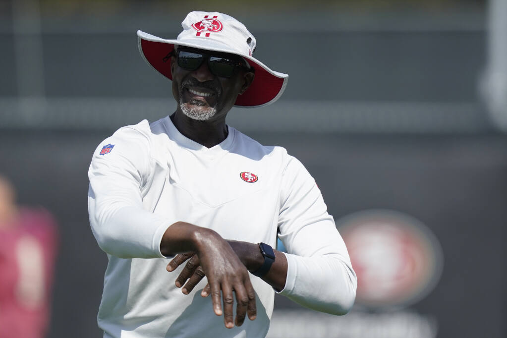 San Francisco 49ers assistant coach Johnny Holland at the team’s practice facility on Saturday, July 30, 2022, in Santa Clara. (Jeff Chiu / ASSOCIATED PRESS)
