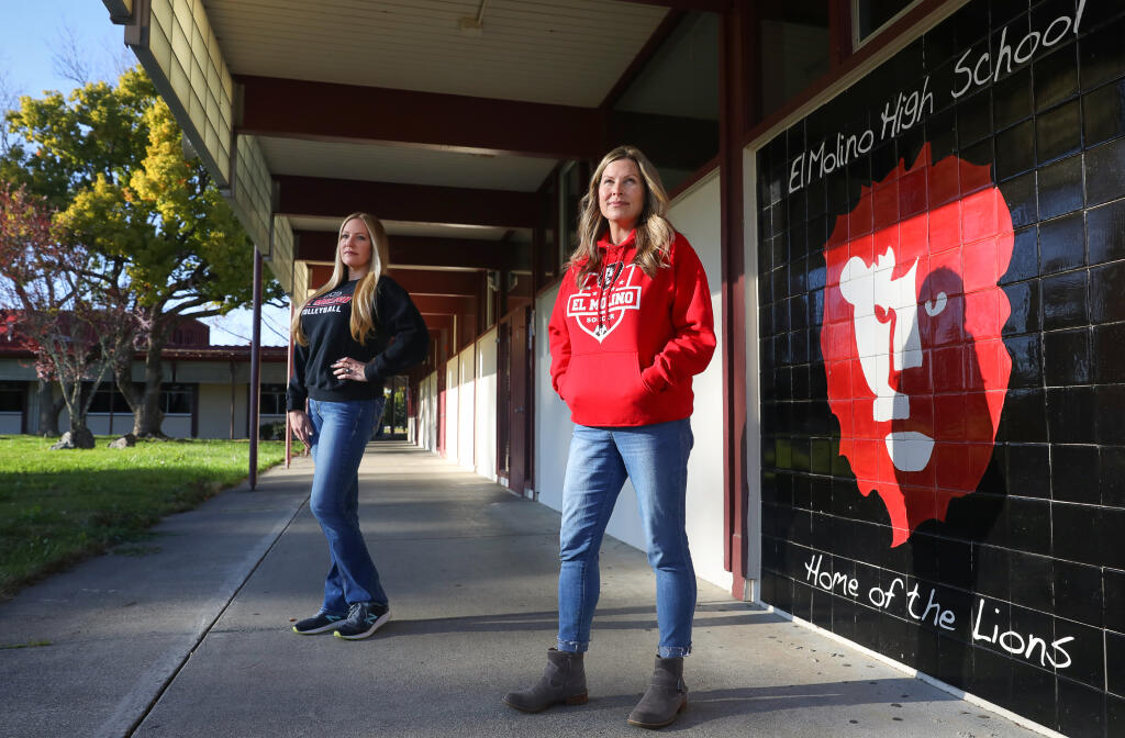 Leslie McCormick, right, and Gillian Hayes, parents of El Molino High School students, are leading an effort to mount a legal challenge to the West Sonoma County Union High School District school board's decision to move El Molino students to Analy High School next fall. (Christopher Chung / The Press Democrat)