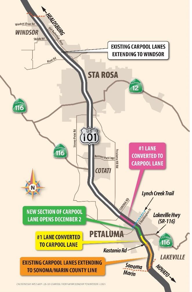 This map shows the location of a new carpool lane on northbound Highway 101 in Petaluma. The new lane will open Thursday, Dec. 2, 2021, according to Caltrans. (COURTESY OF CALTRANS)