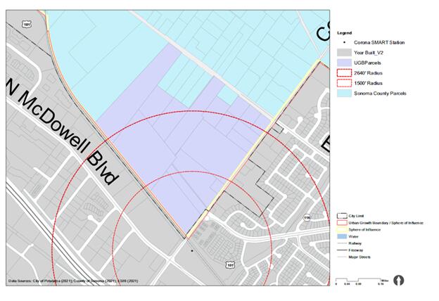This map shows the parcels the city of Petaluma is looking to annex adjacent to the forthcoming Petaluma North SMART Station, with 1,500-foot and 2,640-foot radius markings. (Courtesy of City of Petaluma)