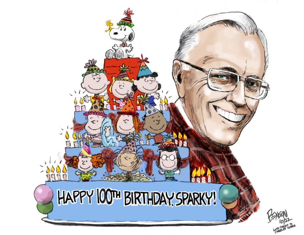 Pulitzer Prize-winning political cartoonist Steve Benson made this image for The Press Democrat’s special section “Celebrating Charles Schulz.” This appeared in print and online on Nov. 24, 2022. (Steve Benson)
