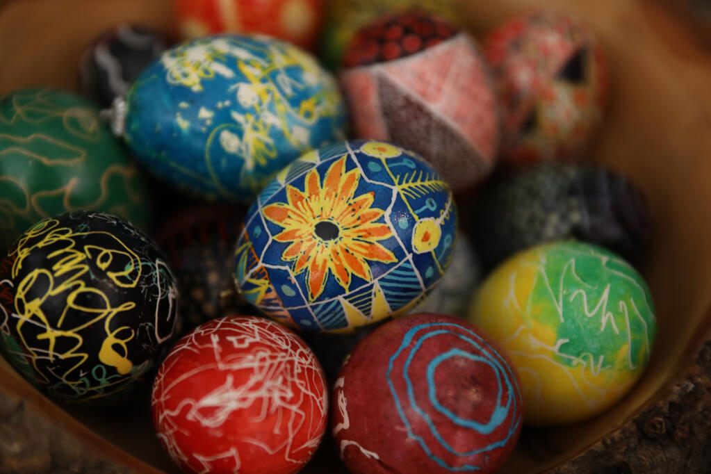 A bowl of in the Ukrainian pysanky Easter eggs made by graphic designer Dennis Bolt at his home in Sebastopol. He has made about 40 eggs, adding to the collection each year. (Beth Schlanker/The Press Democrat)
