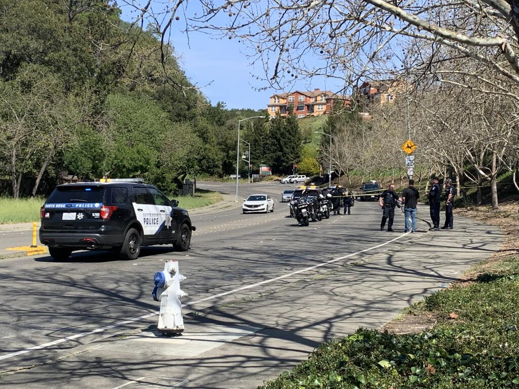 The eastbound lane of Bicentennial Way in Santa Rosa was closed following a fatal motorcycle crash on Sunday, March 20, 2022. (Colin Atagi / The Press Democrat)