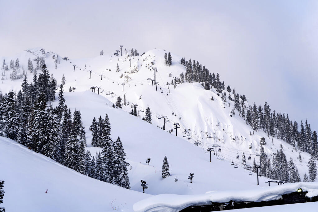 FILE -This photo provided by Palisades Tahoe shows a freshly covered snowfall on a ski run at Palisades Tahoe ski resort in Olympic Valley, Calif., on Wednesday, March 1, 2023. (Blake Kessler/Palisades Tahoe via AP,File)