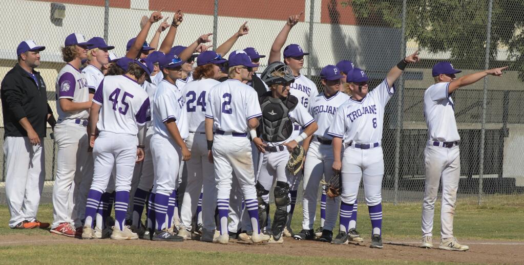 Petaluma’s Trojans celebrate their NCS win over Redwood. They face Ukiah Saturday afternoon in the Division 2 championship game. (SUMNER FOWLER / FOR THE ARGUS-COURIER)