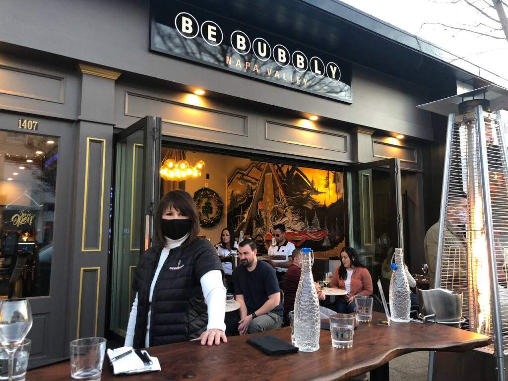 Be Bubbly Napa Valley owner Erin Riley plans to build a parklet to accommodate diners who love being outside. California allowed Napa County to resume limited indoor dining March 3. (Susan Wood / North Bay Business Journal) February 2021