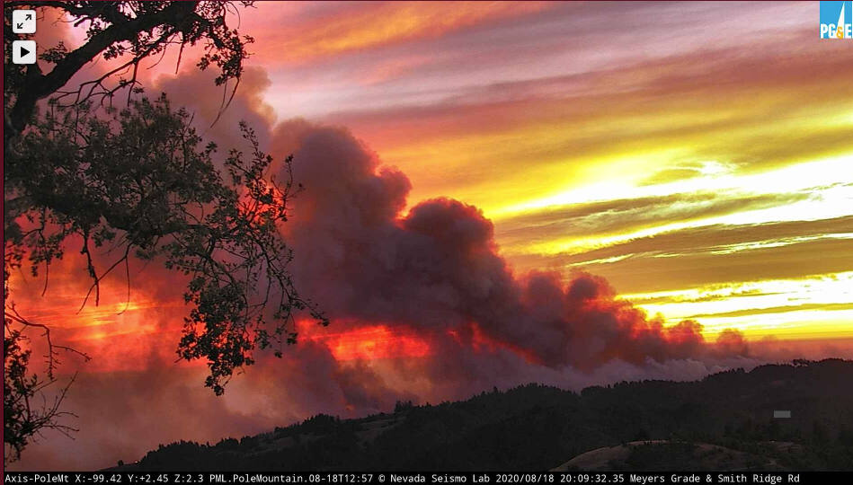 In this image from an AlertWildfire camera, the 13-4 fire burns in Sonoma County, Tuesday, Aug. 18, 2020. (alertwildfire.org)