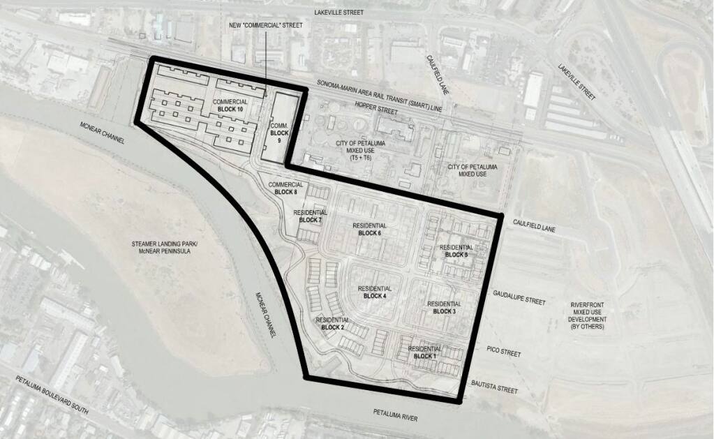 This map shows the location of a planned mixed use development in southwest Petaluma between Hopper Street and the Petaluma River. CITY OF PETALUMA