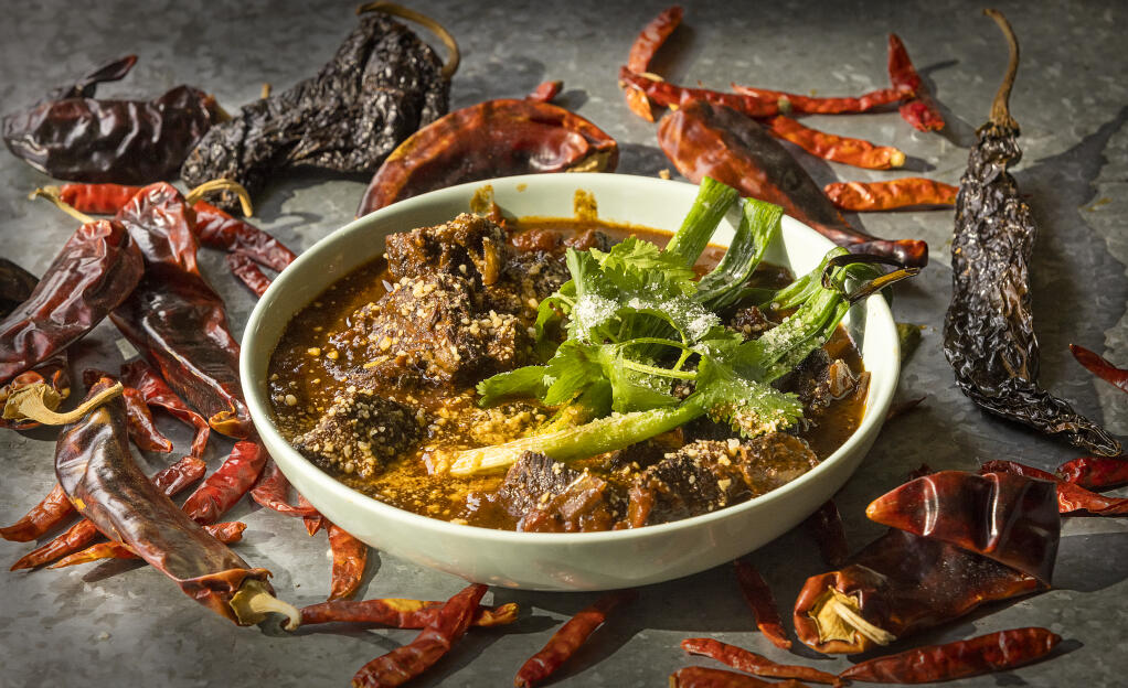 Texas Red stew with beef chuck flavored with ancho and guajillo chiles from chef John Ash. Photo taken on Friday, Jan. 14, 2022. (Photo by John Burgess/The Press Democrat)