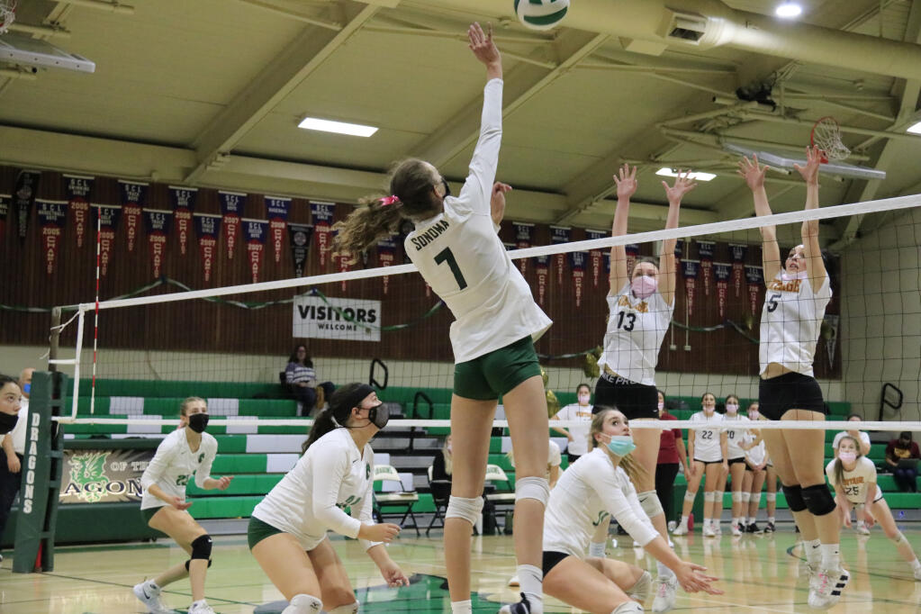 Freshman Olivia Paxton makes a play during the Sonoma Valley vs. Vintage girls volleyball game, Oct. 12, 2021. The illness-depleted Dragons could not defeat the Crushers, who won 3-0 at Pfeiffer Gym. (Christian Kallen/Index-Tribune)