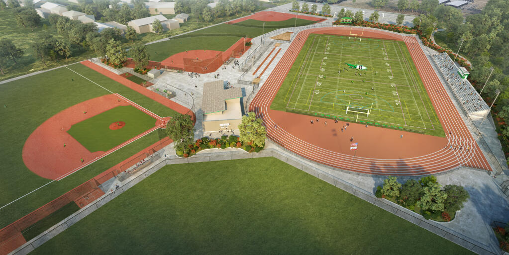 Aerial view, looking southeast, of the new sports facility at Sonma Valley High School as a rendering.