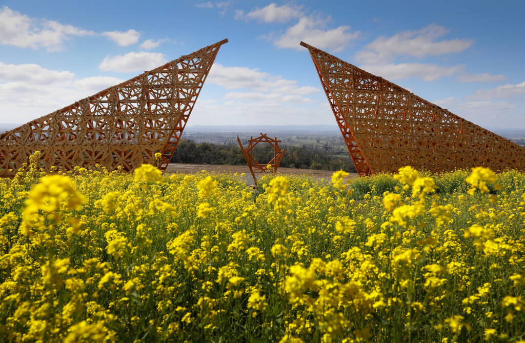 A portion of the art installation Empyrean, by Laurence “Renzo“ Verbeck and Sylvia Adrienne Lisse, on a hillside at Paradise Ridge Winery in Santa Rosa on Thursday, March 4, 2021. (Christopher Chung / The Press Democrat)
