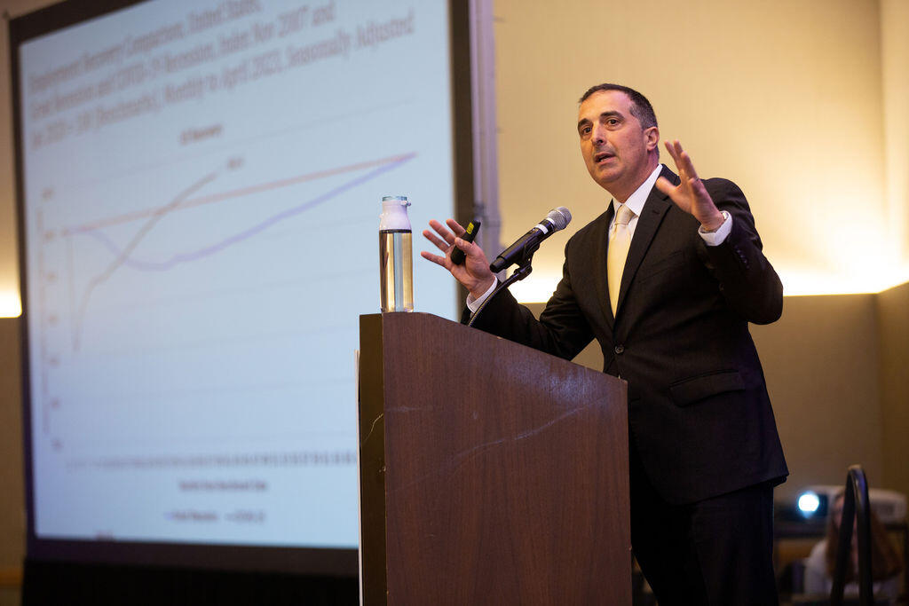Dr. Robert Eyler, Interim Associate Vice President, Government Relations and Professor of Economics at Sonoma State University speaks at the North Bay Business Journal Economic Outlook 2023 Summit held at Sonoma State University. (Charlie Gesell for North Bay Business Journal)