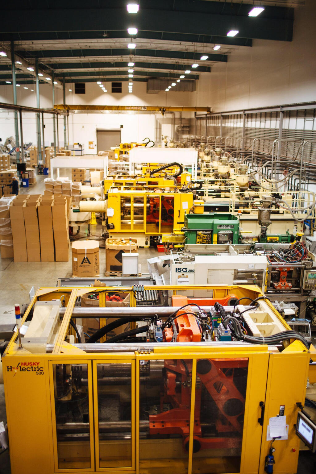 Plastic injection-molding equipment is seen on the production floor at TriMas Packaging's 160,000-square-foot facility at SOMO Village, Rohnert Park. (Courtesy: City of Rohnert Park)