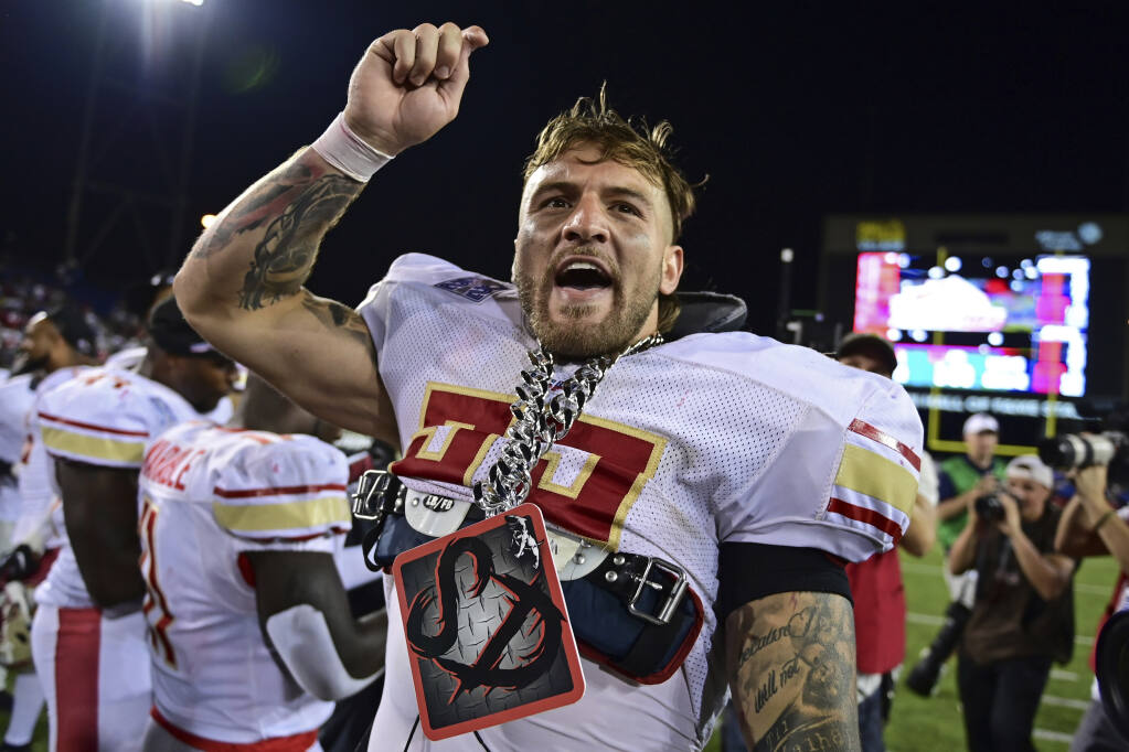 Birmingham Stallions inside linebacker Scooby Wright celebrates after defeating the Philadelphia Stars for the USFL championship on Sunday, July 3, 2022, in Canton, Ohio. (David Dermer / ASSOCIATED PRESS)
