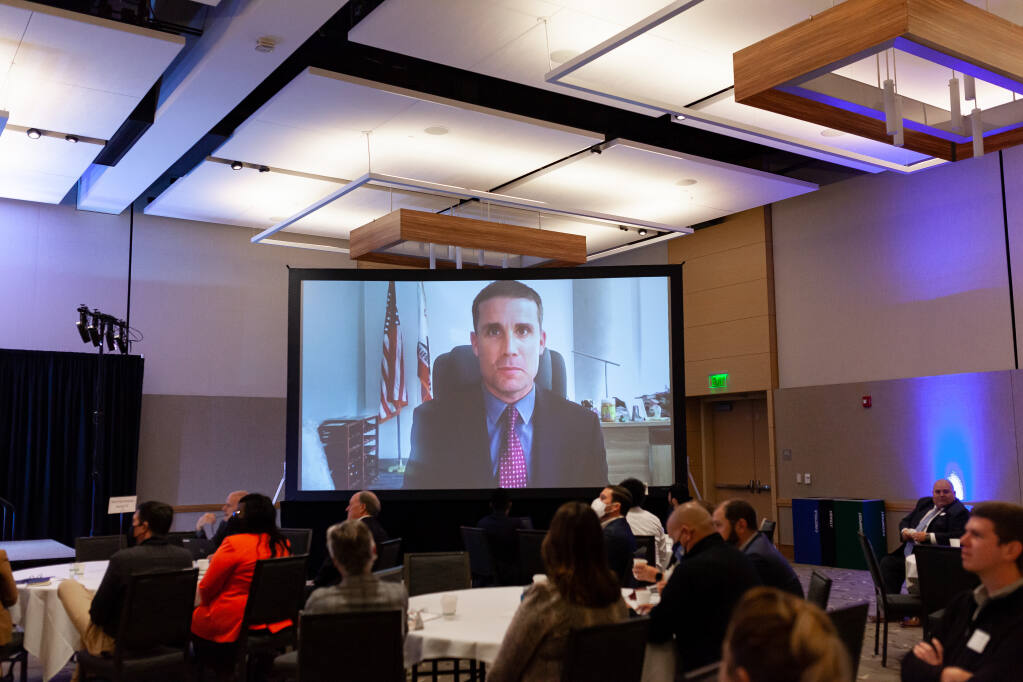 Senator Mike McGuire, D-Healdsburg, speaks remotely from Sacramento to the North Bay Business Journal 29th Annual Economic Outlook Conference at Sonoma State University in Rohnert Park. (Loren Hanson Photo)