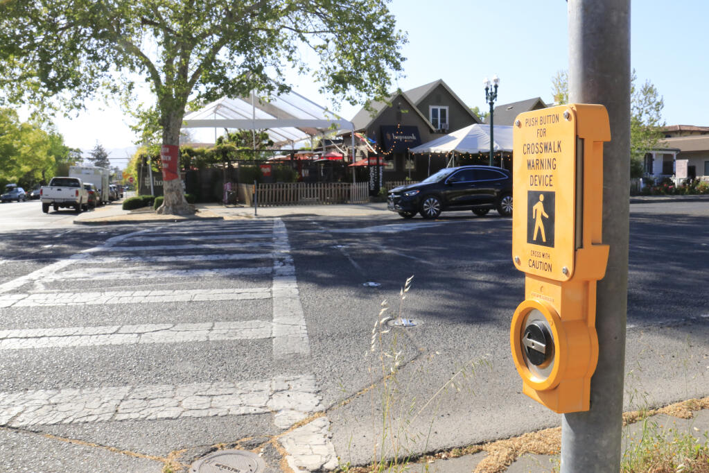 Crosswalk at Broadway and Andrieux Street in Sonoma. A collision at the crossing on April 17 badly injured a female pedestrian and her dog. (Christian Kallen/Sonoma Index-Tribune)