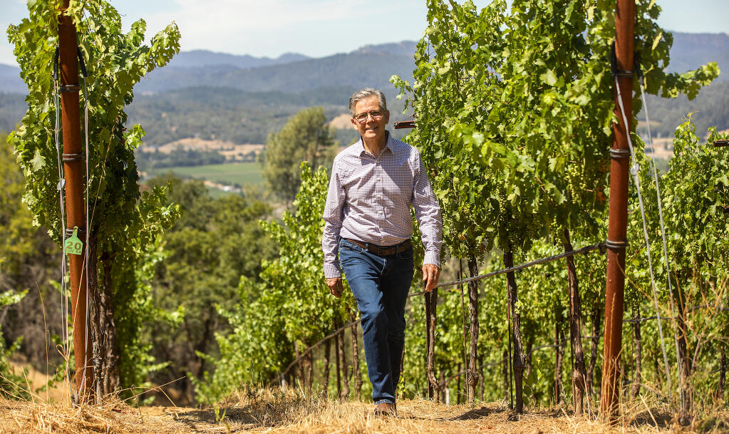 Hal Hinkle, owner of Sei Querce Wines, photographed in a vineyard in the hills above Geyserville on Friday, July 9, 2021. (John Burgess/The Press Democrat)