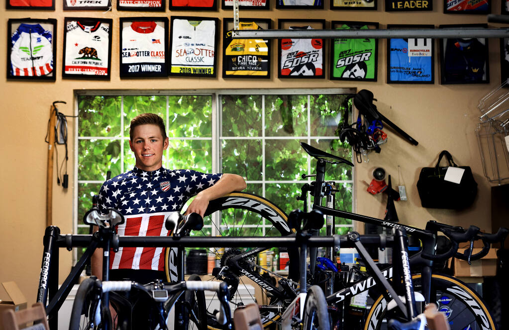 Sebastopol native Luke Lamperti, 18, Thursday, June 24, 2021, the youngest national champion in the history of the USA Pro Cycling Championships, won the criterium at the national championships in Knoxville. Lamperti is a member of the under-23 US National Team.  (Kent Porter / The Press Democrat) 2021