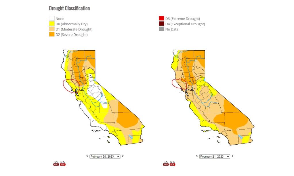 The most recent U.S. Drought Monitor map posted March 3, 2023, shows that Sonoma County is now mostly out of drought, with about 89% of its area in "abnormally dry" condition and about 11% in "moderate drought " condition. (U.S. Drought Monitor)
