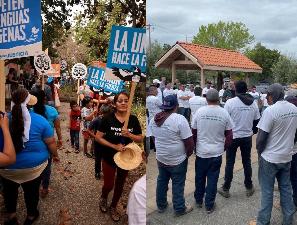 Left, farmworkers working with North Bay Jobs with Justice picketing for worker protections and, right, farmworkers working with Sonoma Wine Industry for Safe Employees, who say the winegrowers association already provides worker safeguards.  (The Press Democrat)