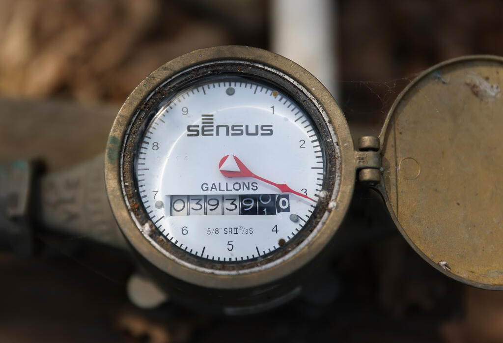 A water meter on David Noren's well shows how many gallons of water have been drawn from the well since the meter was installed, in Sebastopol on Thursday, April 7, 2022.  (Christopher Chung/ The Press Democrat)