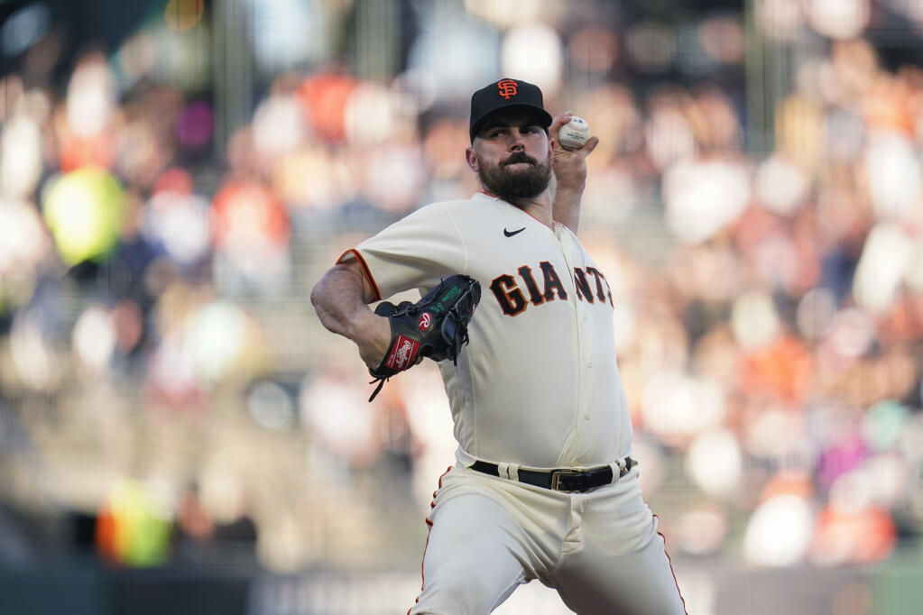 The Giants’ Carlos Rodón pitches against the Milwaukee Brewers during the first inning in San Francisco on Thursday, July 14, 2022. (Godofredo A. Vásquez / ASSOCIATED PRESS)