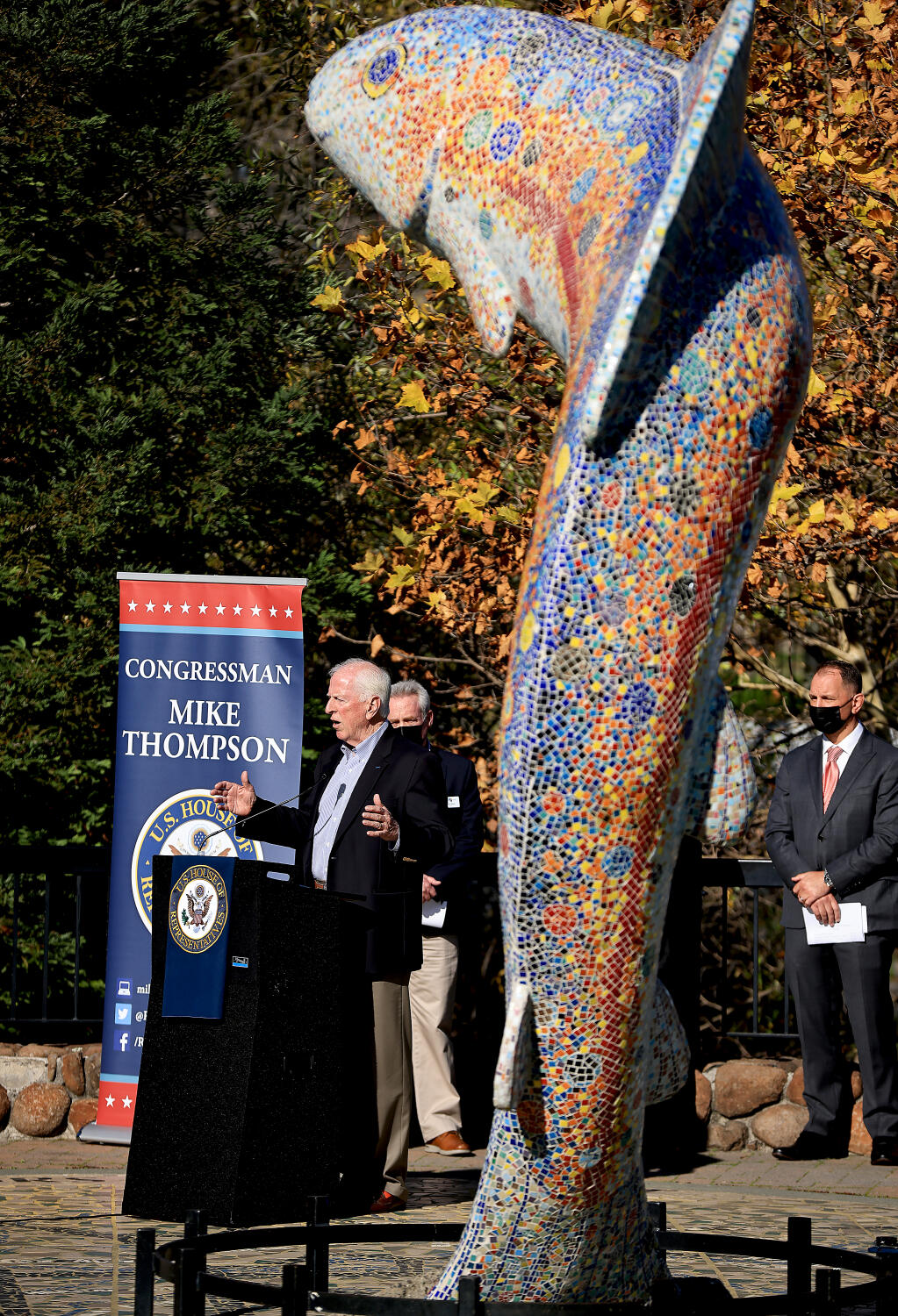 Congressman Mike Thompson speaks about the Infrastructure Investments and Jobs Act at the entrance to the Prince Memorial Greenway in Santa Rosa, Tuesday, Nov. 23, 2021. Thompson represents California's 5th Congressional District. (Kent Porter / The Press Democrat) 2021