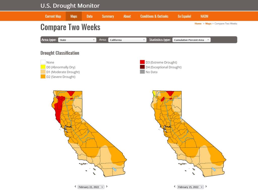 Parts of the North Coast, including western Sonoma County and virtually all of Mendocino County, have slipped back into a state of “extreme” drought, according to the latest update of the U.S. Drought Monitor. (U.S. Drought Monitor)