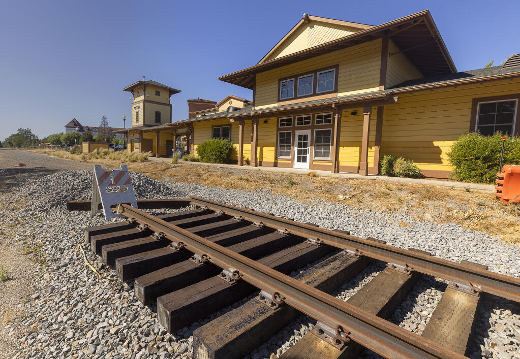 Work has stopped on the SMART rail line at the Windsor station on Tuesday, June 15, 2021. (John Burgess / The Press Democrat)