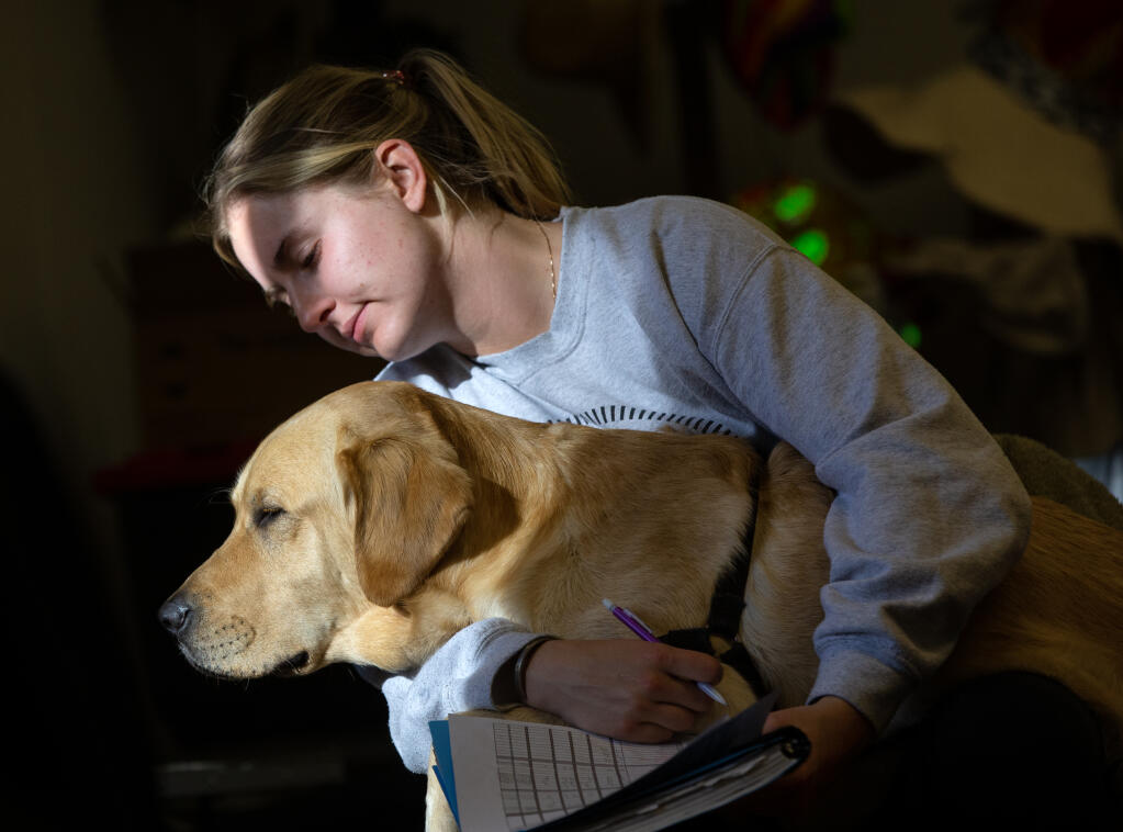 Mary Kate Cipollone spends a quiet moment in the sun with her dog, Dudley, after class at the Bergin University of Canine Studies in Penngrove, Wednesday, March 1, 2023. (Chad Surmick / The Press Democrat)