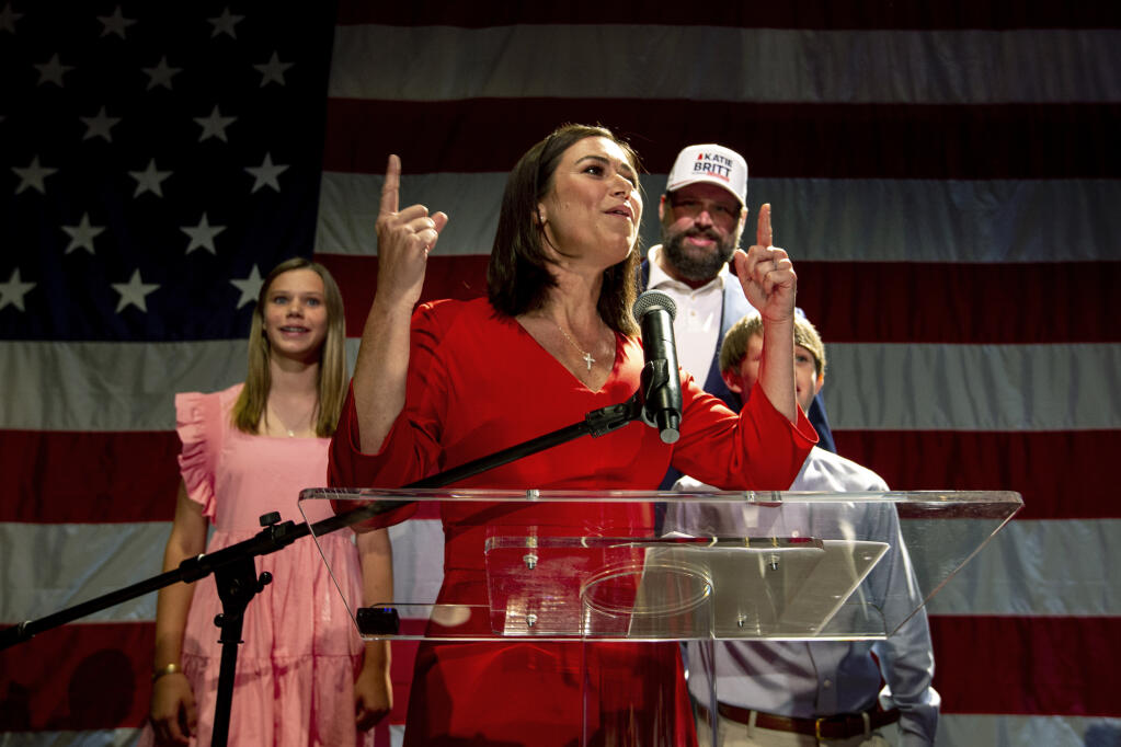 Republican U.S. Senate candidate Katie Britt speaks to supporters after securing the nomination during a runoff against Mo Brooks on Tuesday, June 21, 2022, in Montgomery, Ala. (AP Photo/Butch Dill)