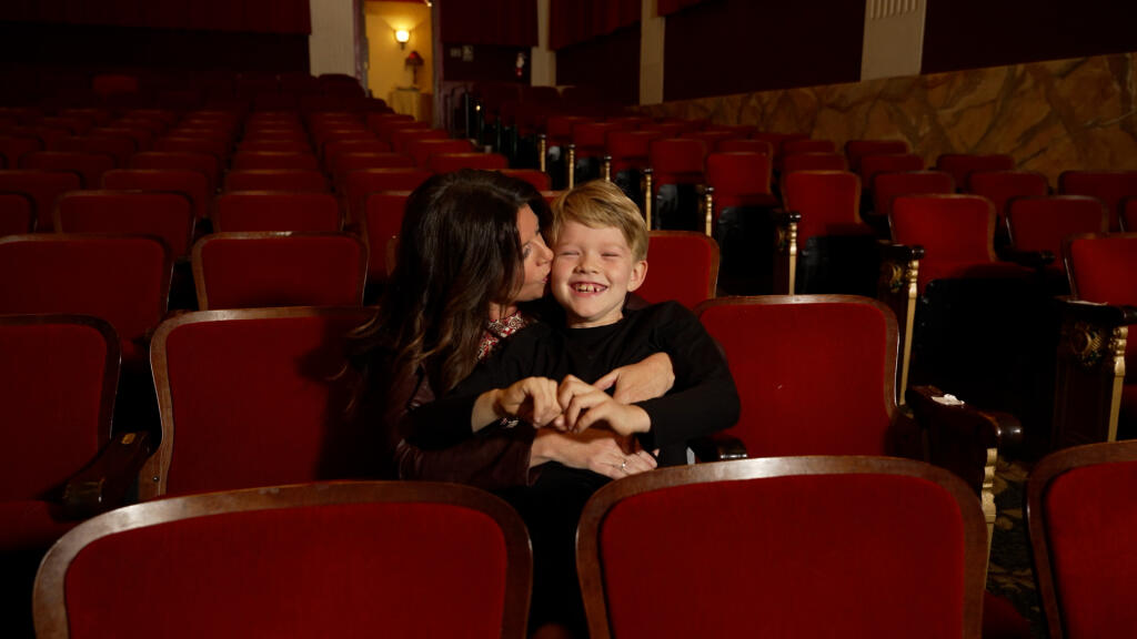 Jennifer Churchill and her son Weston Gilmore, 7, filming their intro to classic films at the Sebastiani Theater for their “Classic Films for Kids” series that begins airing on The Film Detective in 2022. (The Film Detective)