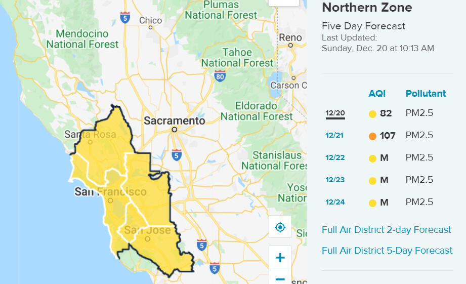 The Bay Area Air Quality Management District has issued a Spare the Air alert for Monday, Dec. 21, 2020. (Screenshot from Bay Area Air Quality Management District website)