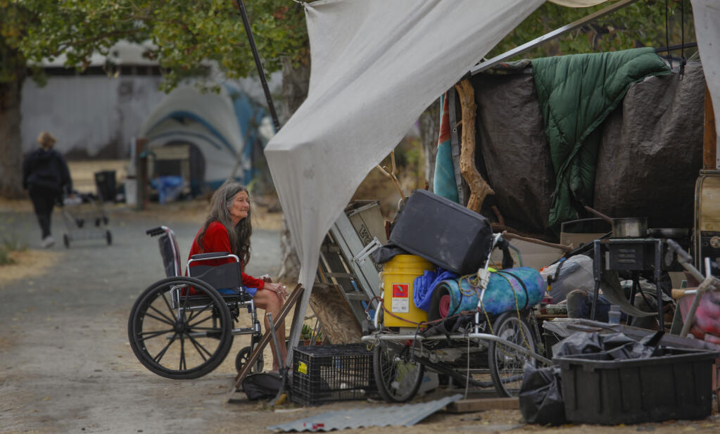 Janine “Ma” Naretto lives at the homeless encampment in Steamer Landing along the Petaluma River on Monday, Sept. 27, 2021. (CRISSY PASCUAL/ARGUS-COURIER STAFF).