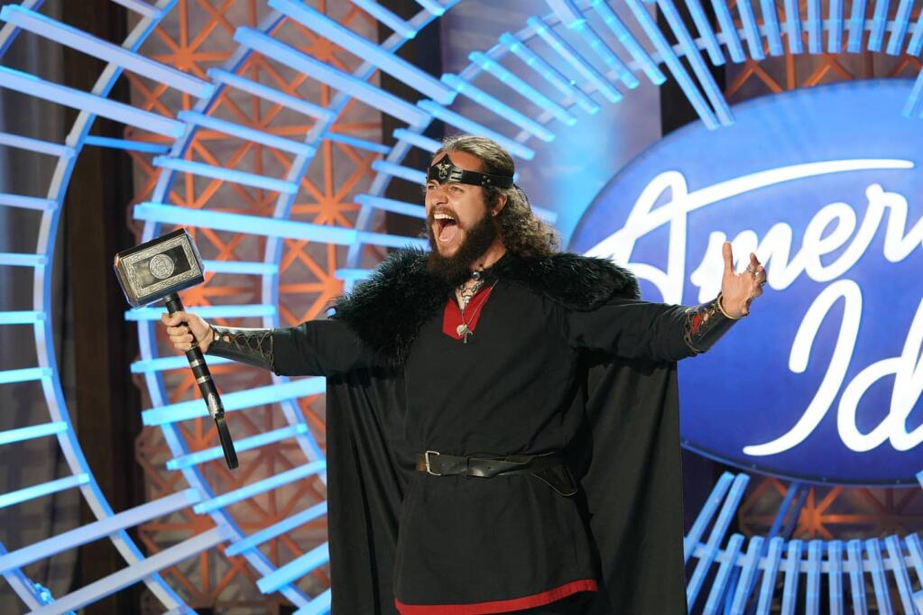 Anthony Guzman, who auditioned on “American Idol” last month in a Viking costume, lost out during Sunday’s “Showstopper” round. (Anthony Guzman)