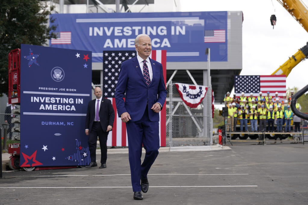 President Joe Biden arrives to speak about jobs during a visit to semiconductor manufacturer Wolfspeed Inc., in Durham, N.C., Tuesday, March 28, 2023. (AP Photo/Carolyn Kaster)
