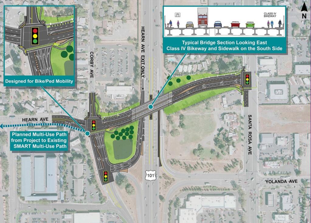 The Hearn Avenue Interchange Project calls for replacing the overpass over Highway 101 at Hearn Avenue with a wider bridge and making improvements to the intersection at Hearn and Corby avenues. (Courtesy of Sonoma County Transportation Authority)