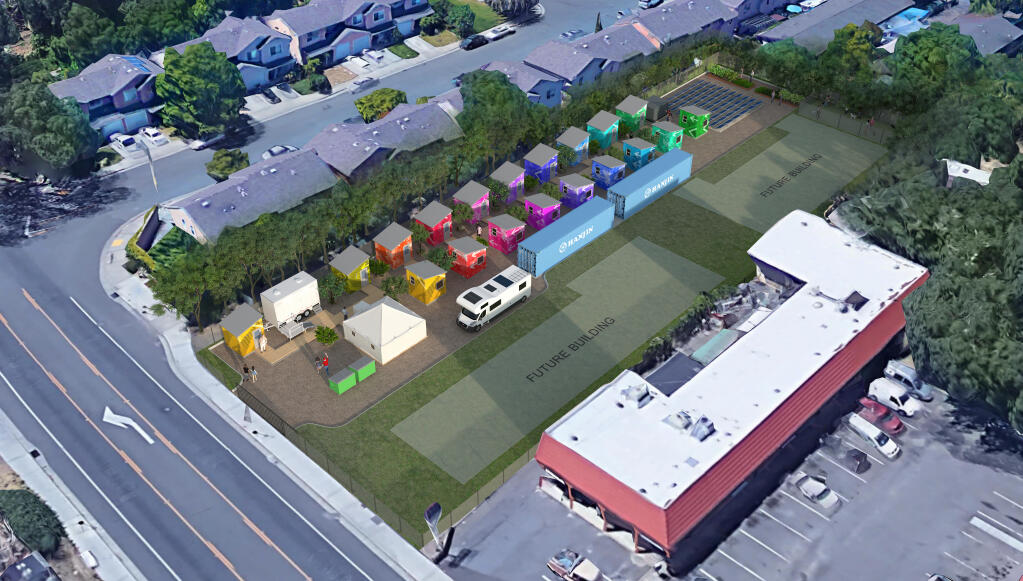 An aerial rendering of Homless Action Sonoma’s property on 18820 Sonoma Highway in Boyes Hot Springs. The 18 tiny homes are colored in a rainbow pattern headed toward the back of the property, which is expected to hold 22 unhoused adults. (Courtesy of Homeless Action Sonoma)