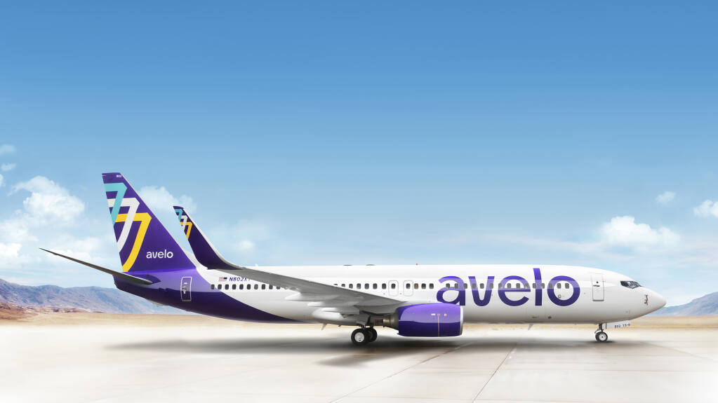This photo provided by Avelo shows Avelo airlines on March 16, 2021.  Two new U.S. airlines are planning on starting service this spring, tapping into the travel recovery that is picking up speed. Avelo Airlines said Thursday, April 8, 2021,  that it will begin flying later this month to 11 destinations from Burbank, Calif. The startup plans to add other routes as it adds more planes to its fleet, which numbers just three planes.   (Emily Battles/Avelo via AP)