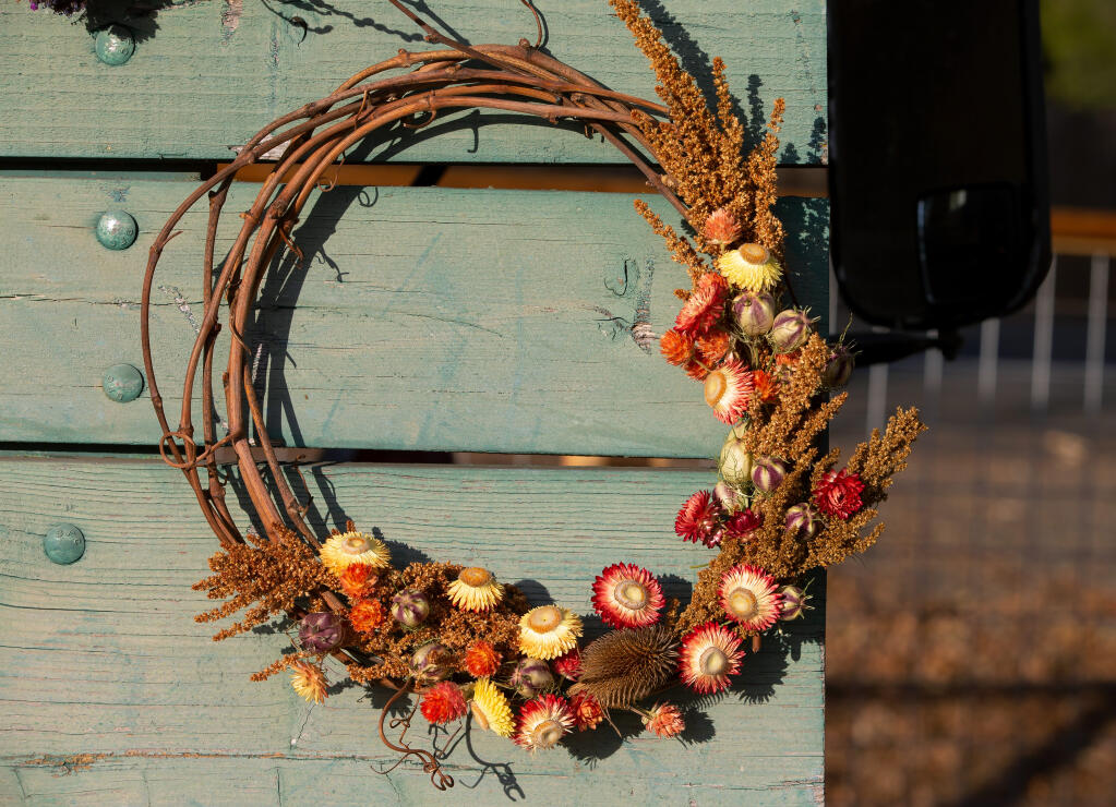 A grapevine wreath decorated with dried strawflowers, nigella, thistle and amaranth is displayed at Blossom and Bine farm in Santa Rosa on Thursday, Nov. 12, 2020. (Alvin A.H. Jornada / The Press Democrat)