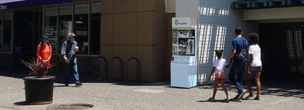 One of the two Tiny Galleries kiosks created by Robert van der Walle and Dawn Thomas is on Fourth Street in downtown Santa Rosa. (Robert van de Walle)