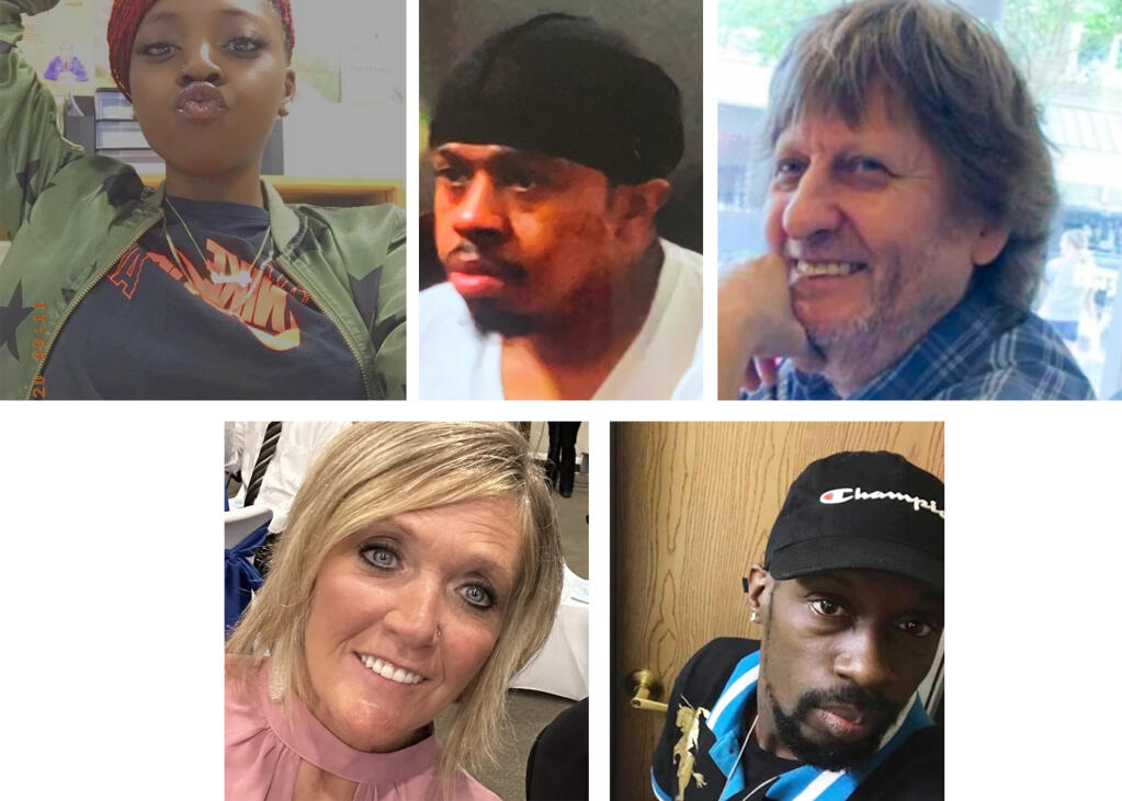 This combination of photos provided by the Chesapeake, Va., Police Department shows top from left, Tyneka Johnson, Brian Pendleton and Randy Blevins, and, bottom from left, Kellie Pyle and Lorenzo Gamble, who Chesapeake police identified as victims of a shooting that occurred late Tuesday, Nov. 22, 2022, at a Walmart in Chesapeake. (Chesapeake Police Department via AP)