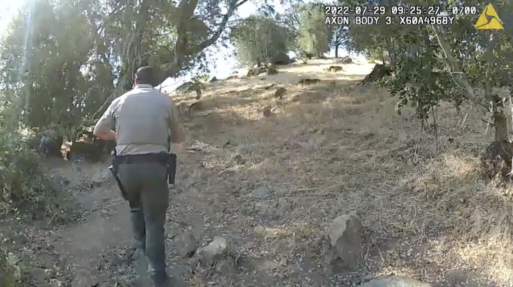 As seen in body camera footage released by the Sonoma County Sheriff’s Office, sheriff’s deputies come across an abandoned ATV on July 29 that was reportedly stolen by David Pelaez-Chavez, according to authorities. (Courtesy)